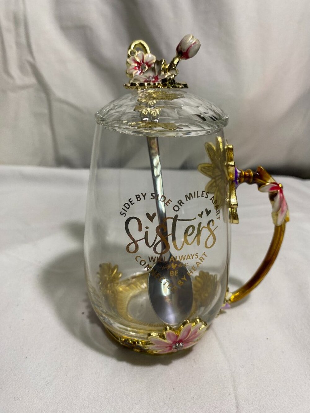Sisters Glass Tea Mug Set w Lid Spoon Floral Gold Tone Coffee Cup Gift